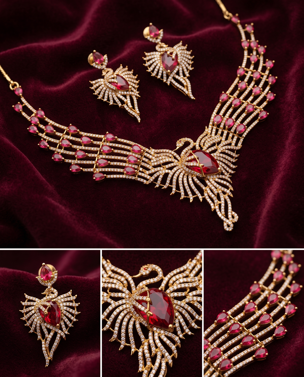 Ruby Flame Gold-Plated American Diamond Necklace Set