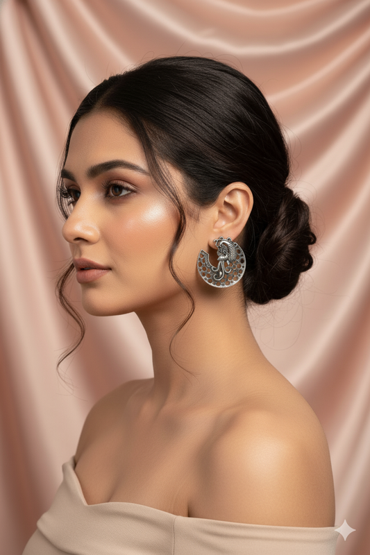 Oxidised German Silver Peacock Cutwork Hoop Earrings – Tribal Dangler