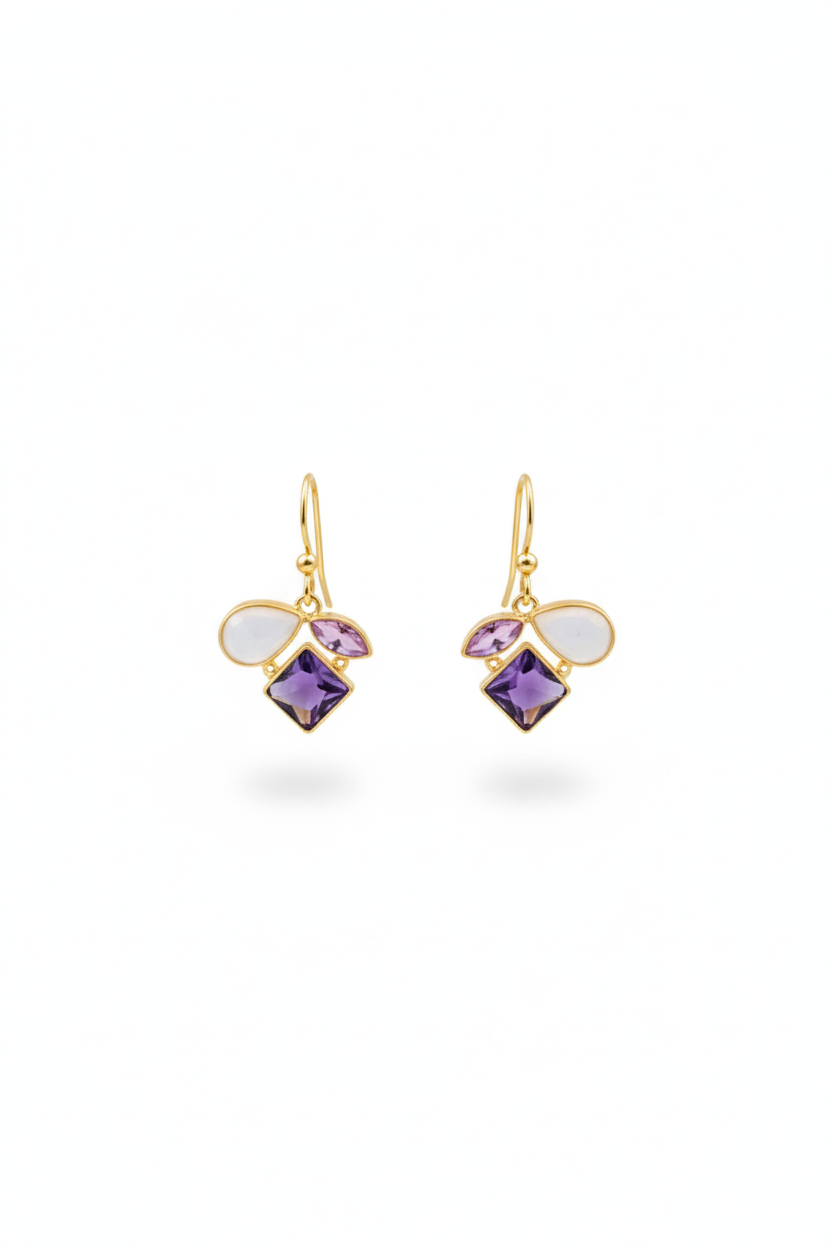Amethyst Cluster Earrings with Champagne & Blush Petals | Natural Stones, Gold‑Plated Brass