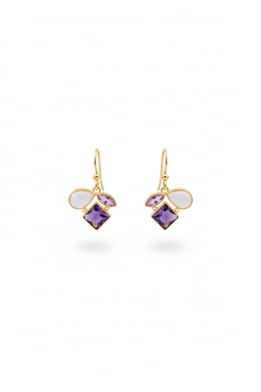 Amethyst Cluster Earrings with Champagne & Blush Petals | Natural Stones, Gold‑Plated Brass