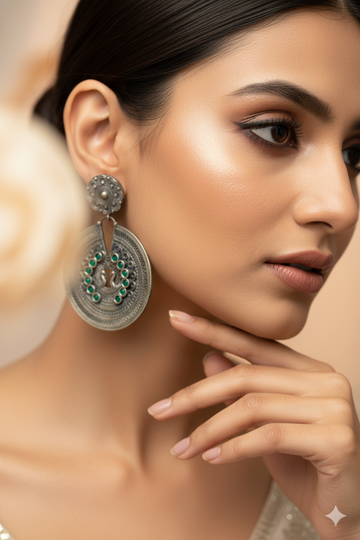 Twin Peacock Coin Disc Earrings with Green Accents | Oxidised German Silver