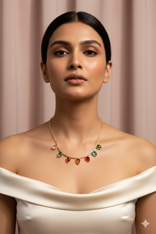 Leaf Design Multicolor Necklace | Natural Stones, Gold-Plated Brass