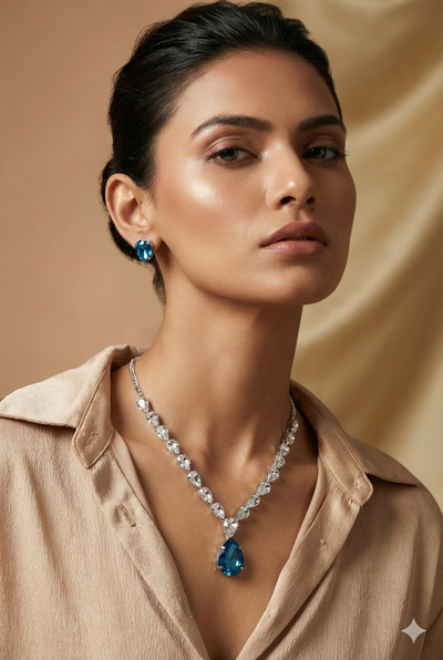Blue Teardrop Korean Glass Stone Necklace Set | Luxury Crystal Jewellery