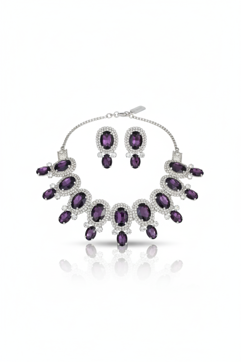 Korean Purple Oval Glass Stone Glass & AD Stone Necklace Set | Rhodium Plated Bridal & Party Jewelry with Earrings