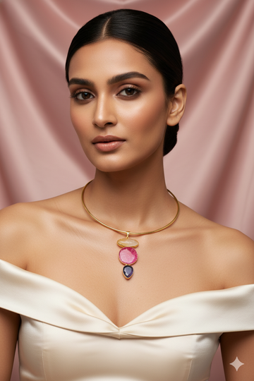 Hansuli Necklace with Triple Stone Pendant – Pink Yellow Navy | Brass Anti Tarnish | Lightweight