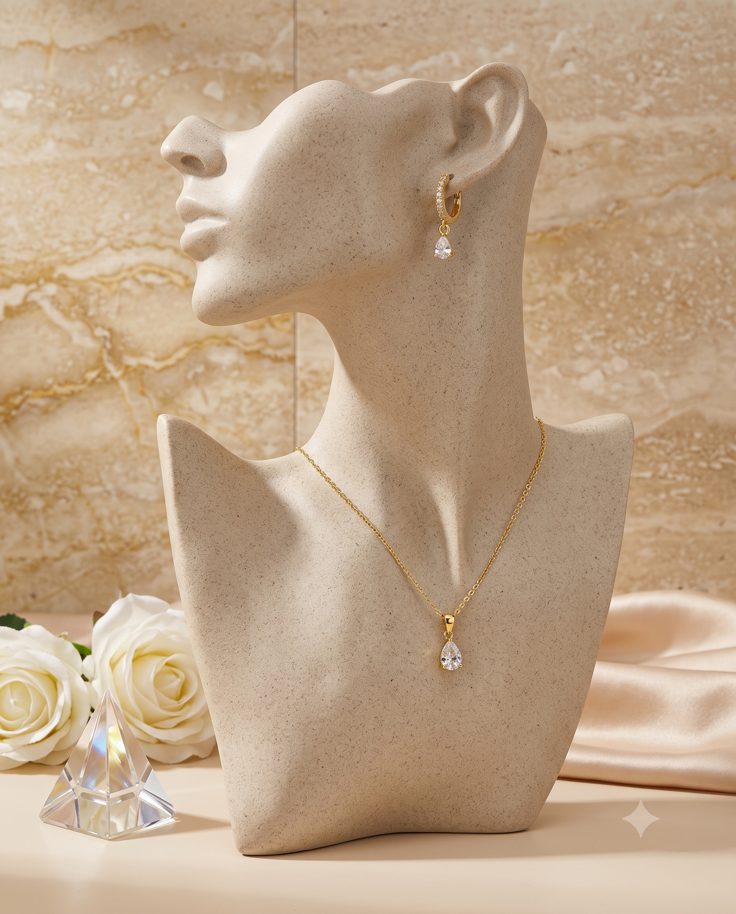 Teardrop zircon pendant necklace and matching drop earrings set, 18K gold plated – worn styled shot