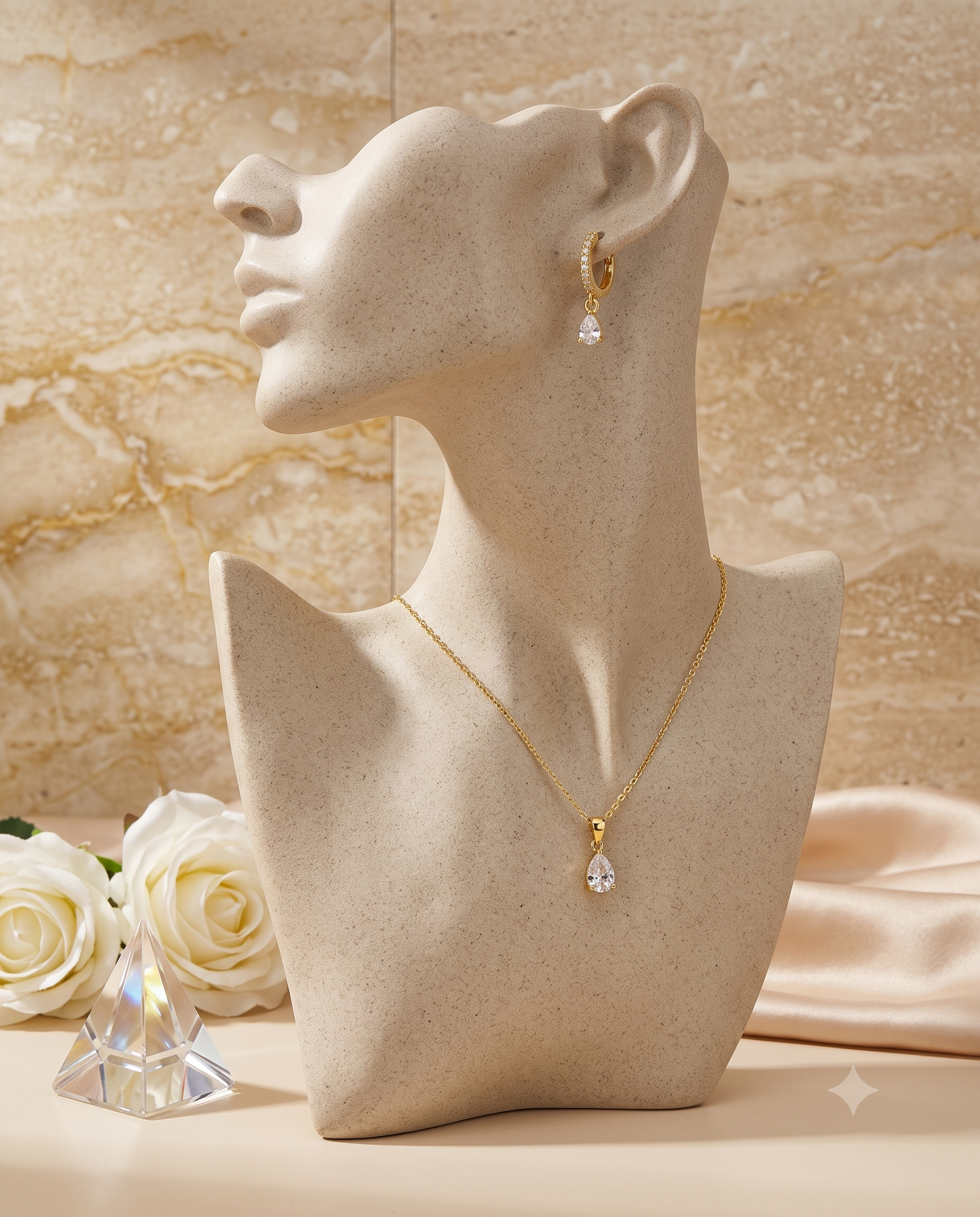 Teardrop zircon pendant necklace and matching drop earrings set, 18K gold plated – worn styled shot