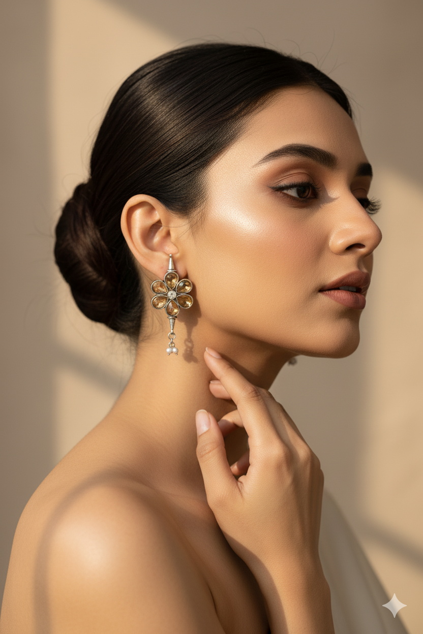 Yellow Monalisa Floral Oxidised German Silver Earrings – Petal Cluster with Pearl Drops