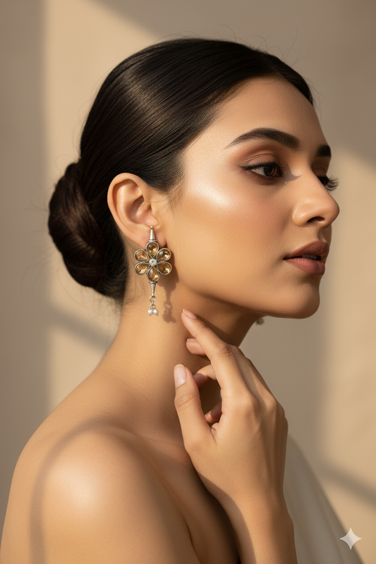 Yellow Monalisa Floral Oxidised German Silver Earrings – Petal Cluster with Pearl Drops