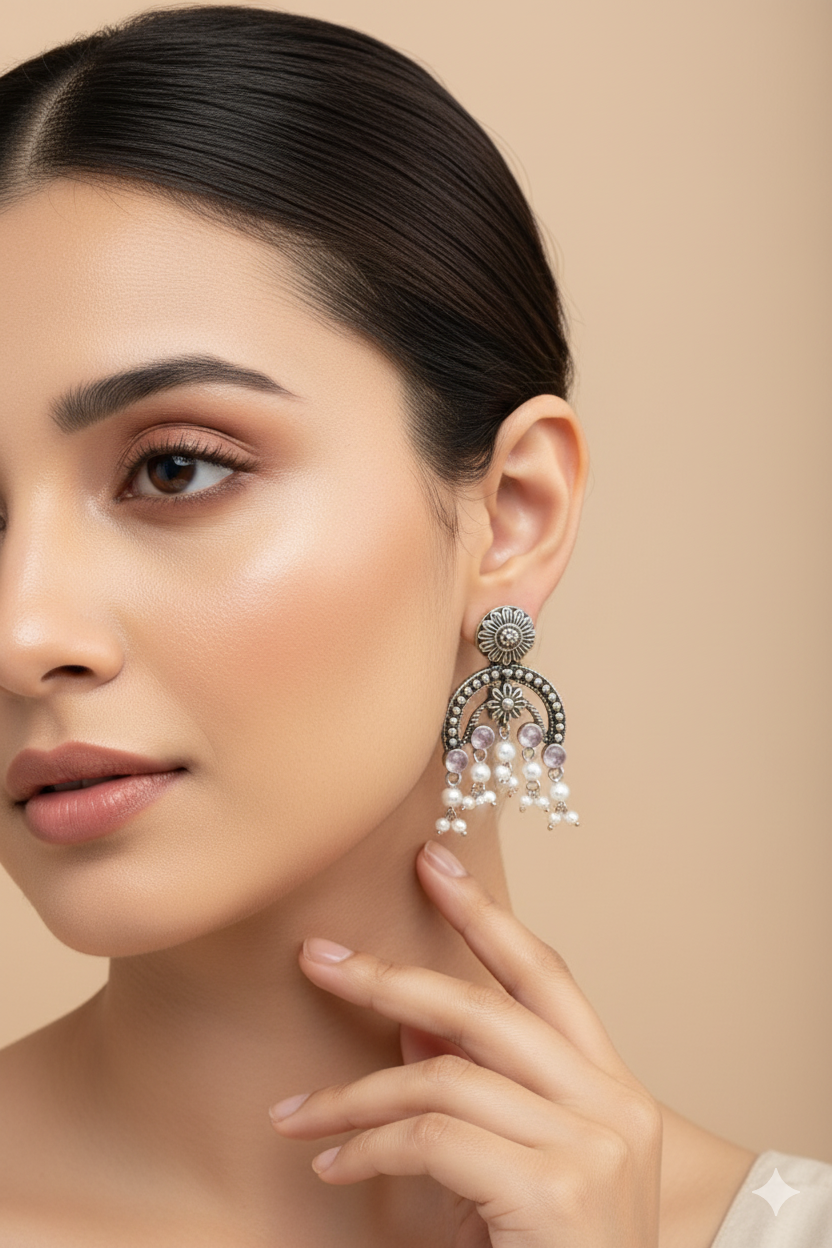 Pink Monalisa Arch Oxidised German Silver Earrings with Pearl Drops