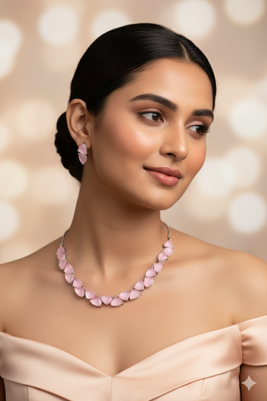 Korean Pink Glass Stone Jewelry Necklace Set | Rhodium Plated Elegant Fashion Jewelry with Earrings