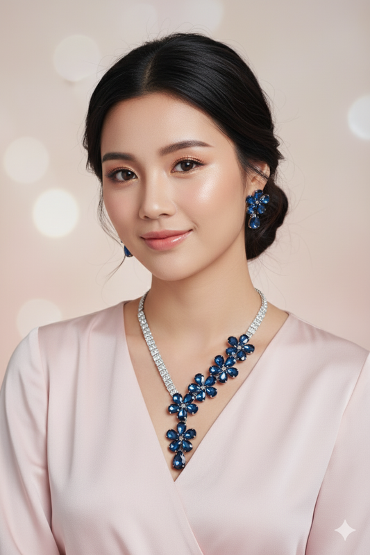 Korean Blue Floral Glass Stone Jewelry Necklace Set | Rhodium Plated Statement Jewelry with Earrings