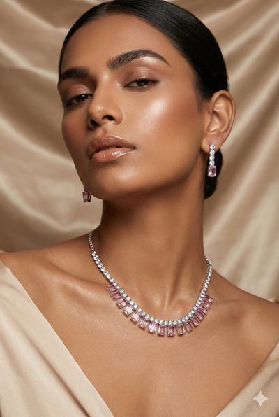 Blush Pink Emerald-Cut Korean Glass Stone Necklace & Earring Set