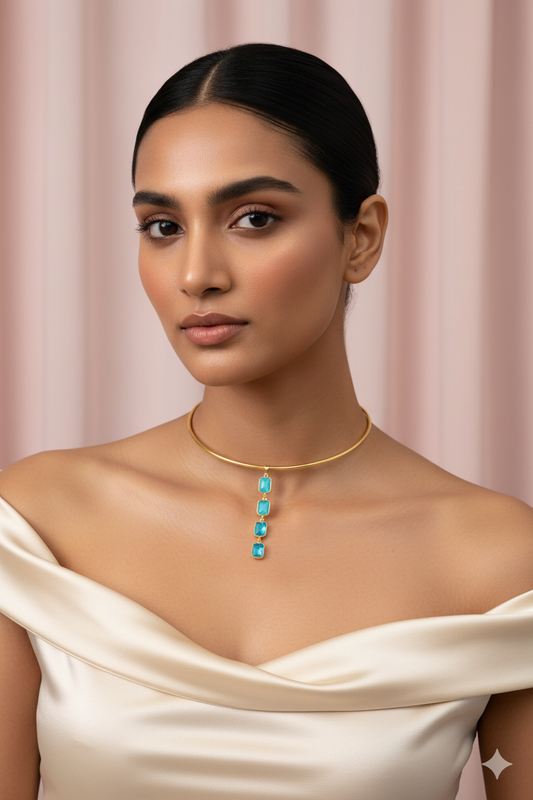 Hansuli Necklace with Triple Blue Rectangle Pendant | Brass Anti Tarnish | Lightweight