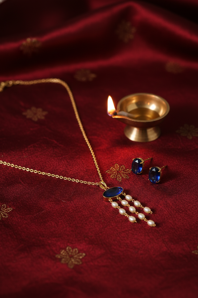 Blue Natural Stone Pearl Tassel Pendant Necklace – Gold Plated Brass Elegant Jewelry