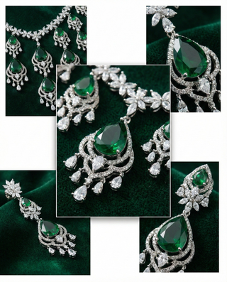 Emerald Chandbali Style Necklace Set with Crystal Drops | Royal Bridal Jewellery