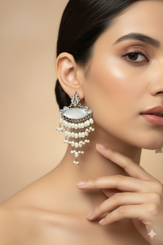 Ivory Navette Monalisa Waterfall Pearl Earrings | Oxidised German Silver