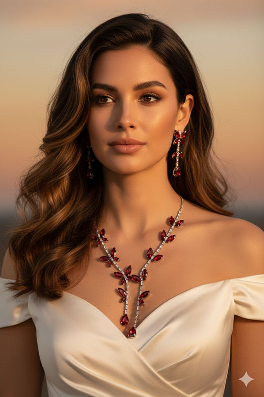 Korean Red Butterfly Glass Stone Jewelry Necklace Set | Rhodium Plated Party & Bridal Jewelry with Earrings