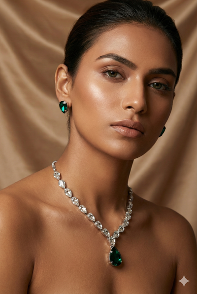 Green Teardrop Korean Glass Stone Necklace Set | Luxury Crystal Jewellery