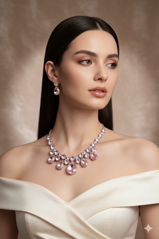 Korean Pink Glass Stone Jewelry Teardrop Necklace Set | Rhodium Plated Party & Bridal Jewelry with Earrings