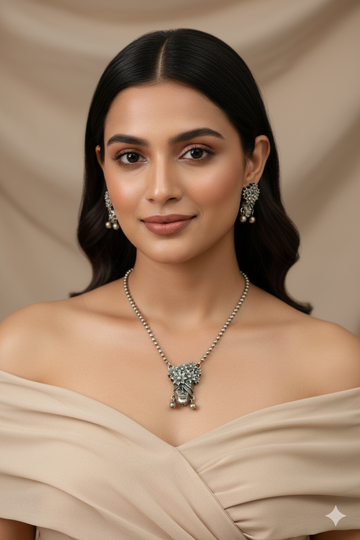 Boho Face Motif Pendant Set with Florals | Oxidised German Silver