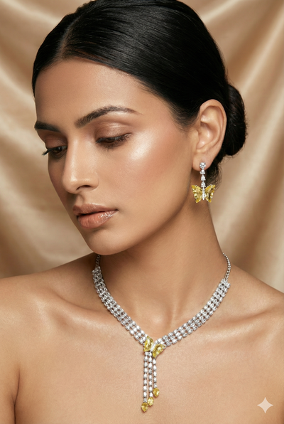 Yellow Butterfly Drop Korean Glass Stone Necklace Set | Statement Jewellery