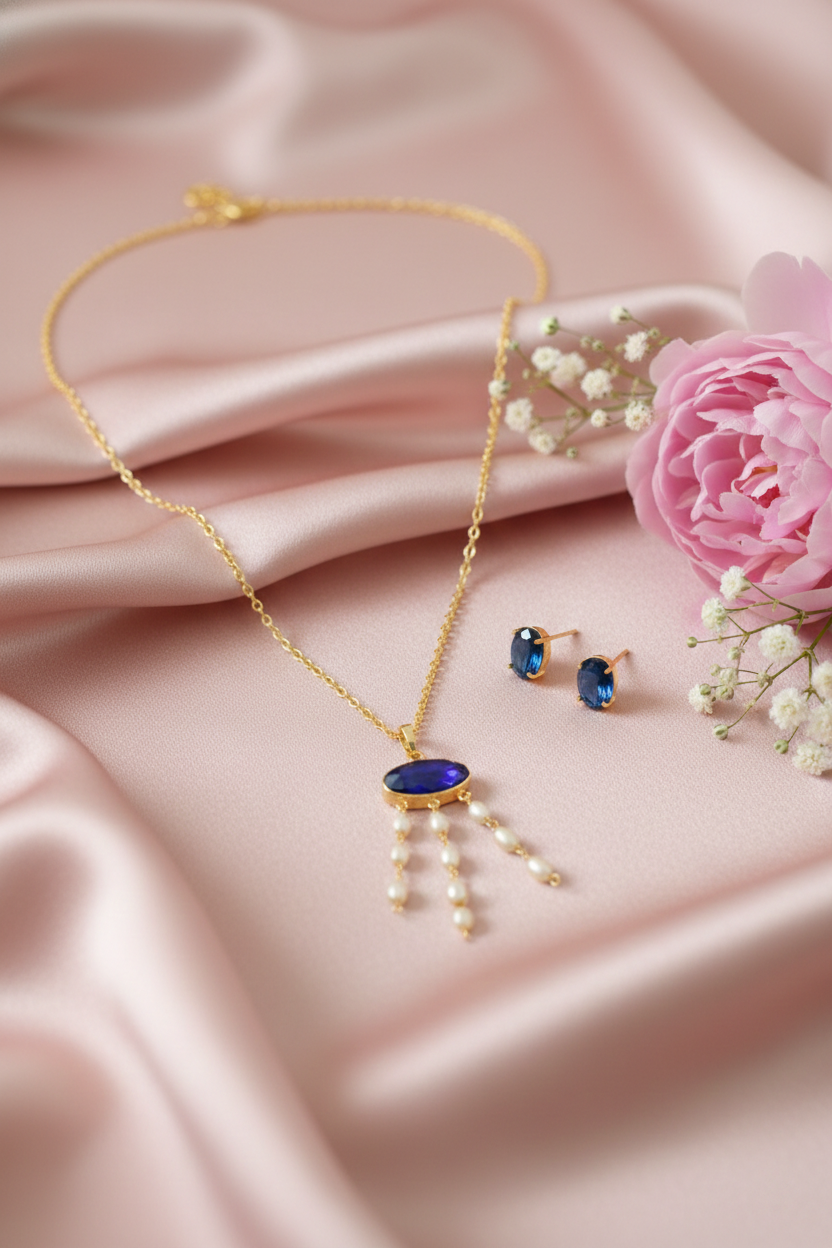 Blue Natural Stone Pearl Tassel Pendant Necklace – Gold Plated Brass Elegant Jewelry