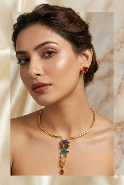 Raw-Cut Statement Vertical Pendant Necklace Set – Brass Gold Plated | Anti-Tarnish