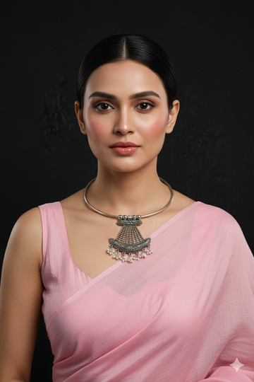 Oxidised German Silver Hansli Necklace with Flared Pendant