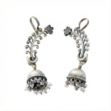 Floral Curve Oxidised German Silver Ear Cuff with Pearl Jhumka | Long Ethnic Ear Cuff