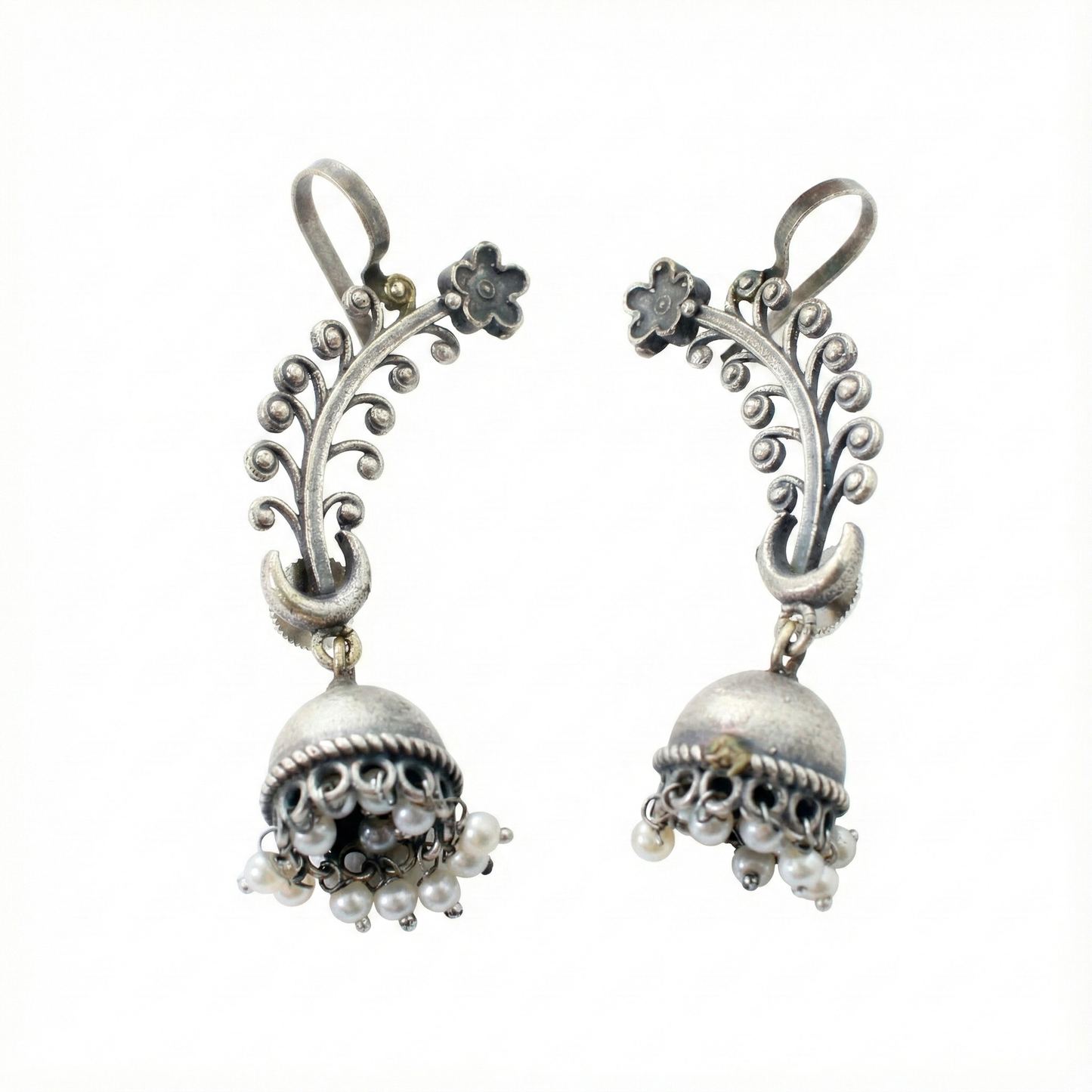 Floral Curve Oxidised German Silver Ear Cuff with Pearl Jhumka | Long Ethnic Ear Cuff
