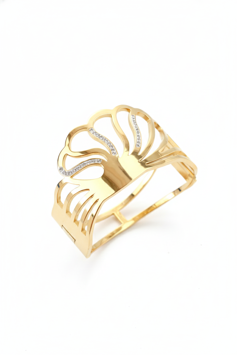 Anti-Tarnish Gold Radiant Petal Cuff Bracelet – Openwork CZ Accent Design