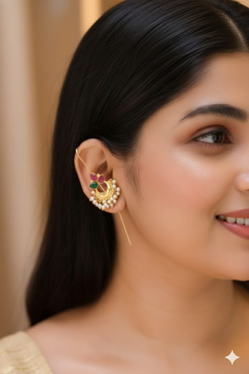 Traditional Bugadi Earring with Pearl Fringe & Multicolor Floral Stones | Brass Anti Tarnish | Lightweight