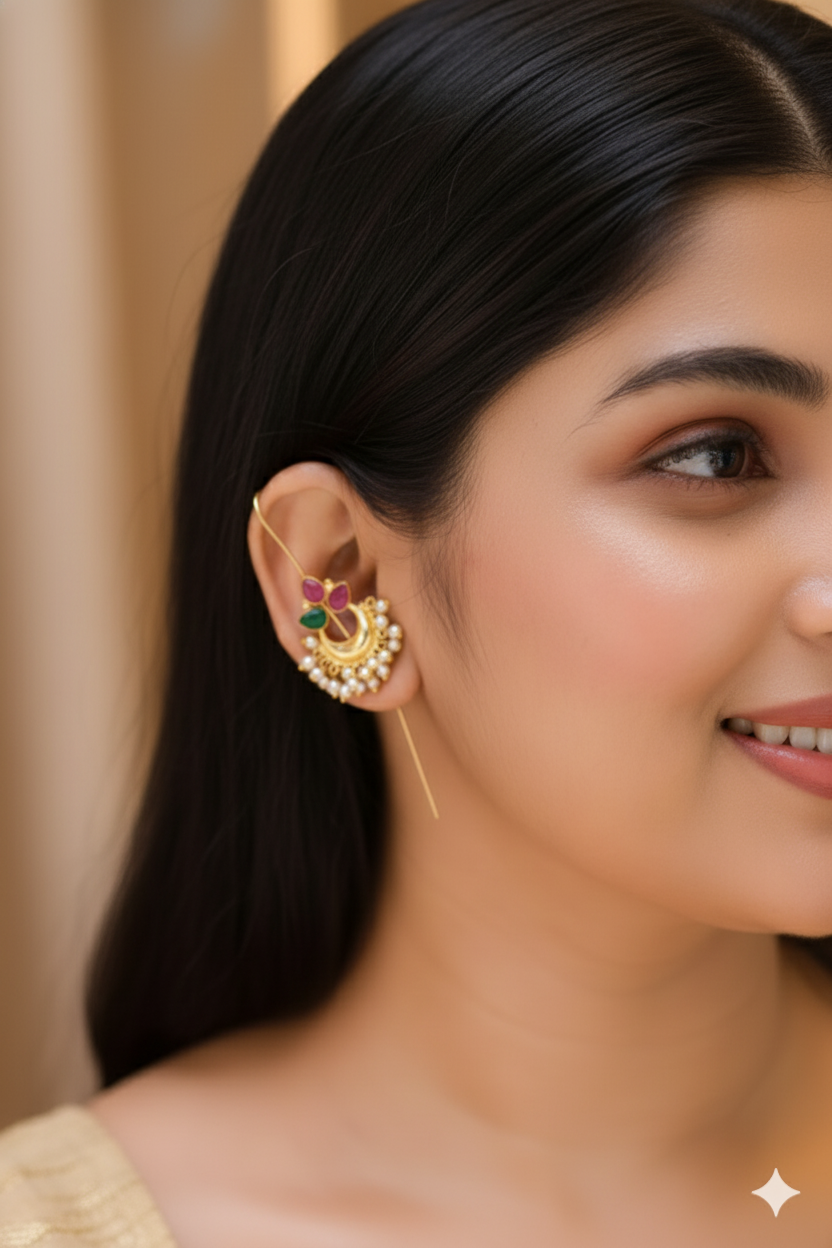 Traditional Bugadi Earring with Pearl Fringe & Multicolor Floral Stones | Brass Anti Tarnish | Lightweight