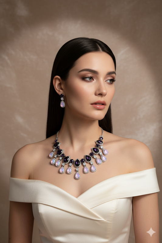 Korean Purple & White Glass Stone Jewelry Necklace Set | Rhodium Plated Luxury Jewelry with Earrings