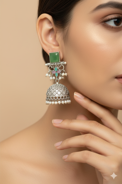 Green Monalisa Stone Dome Shaped Oxidised Jhumka Earrings