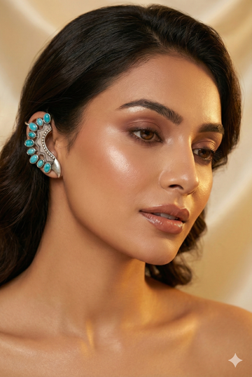 Turquoise Monalisa Stone Crescent Oxidised German Silver Earrings | Ethnic Statement Jewellery