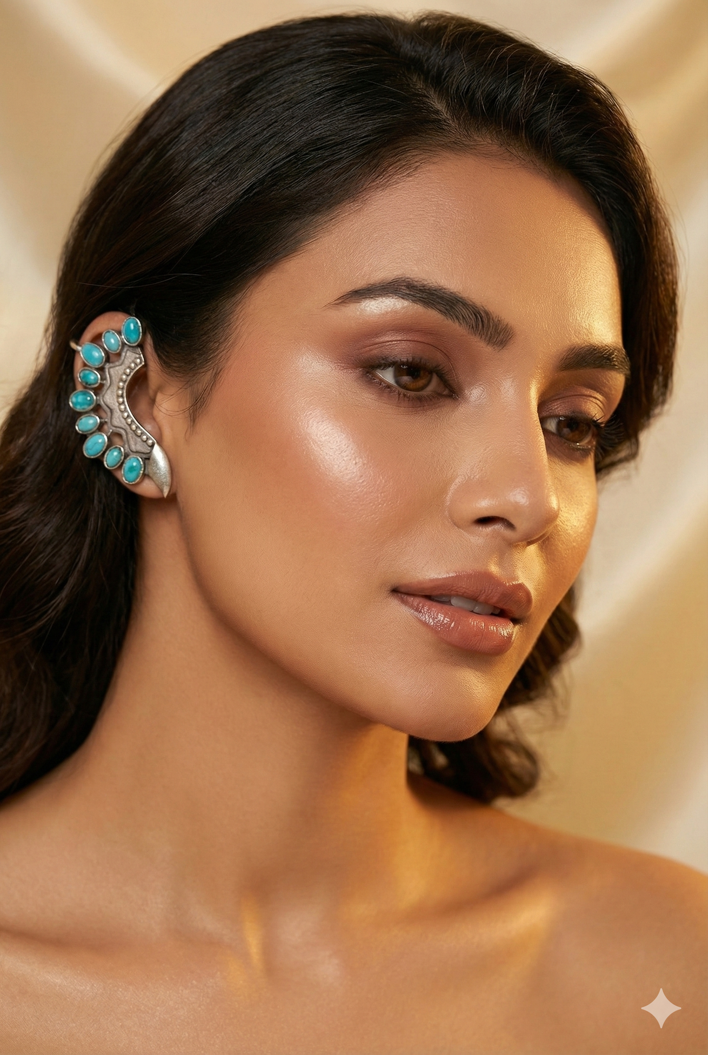 Turquoise Monalisa Stone Crescent Oxidised German Silver Earrings | Ethnic Statement Jewellery