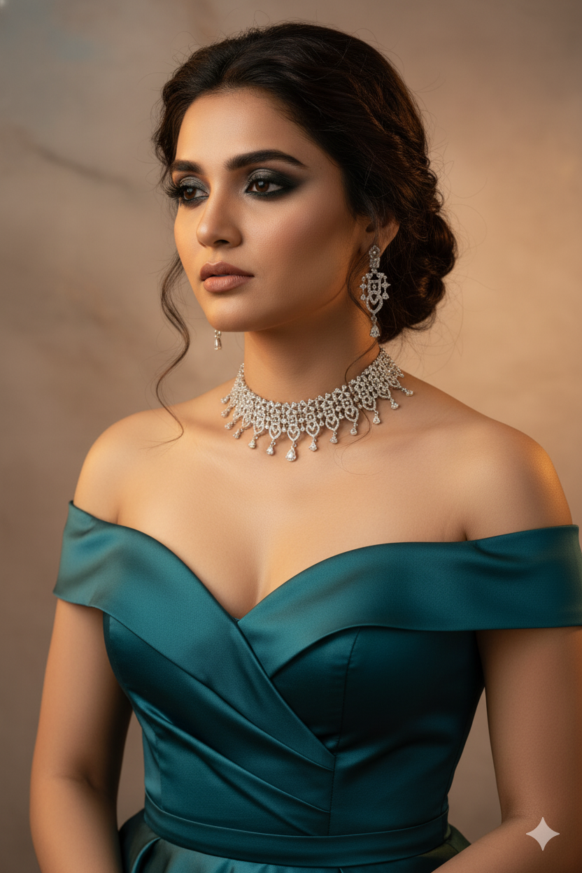 Silver-Plated Stone Choker Set with Drop Earrings