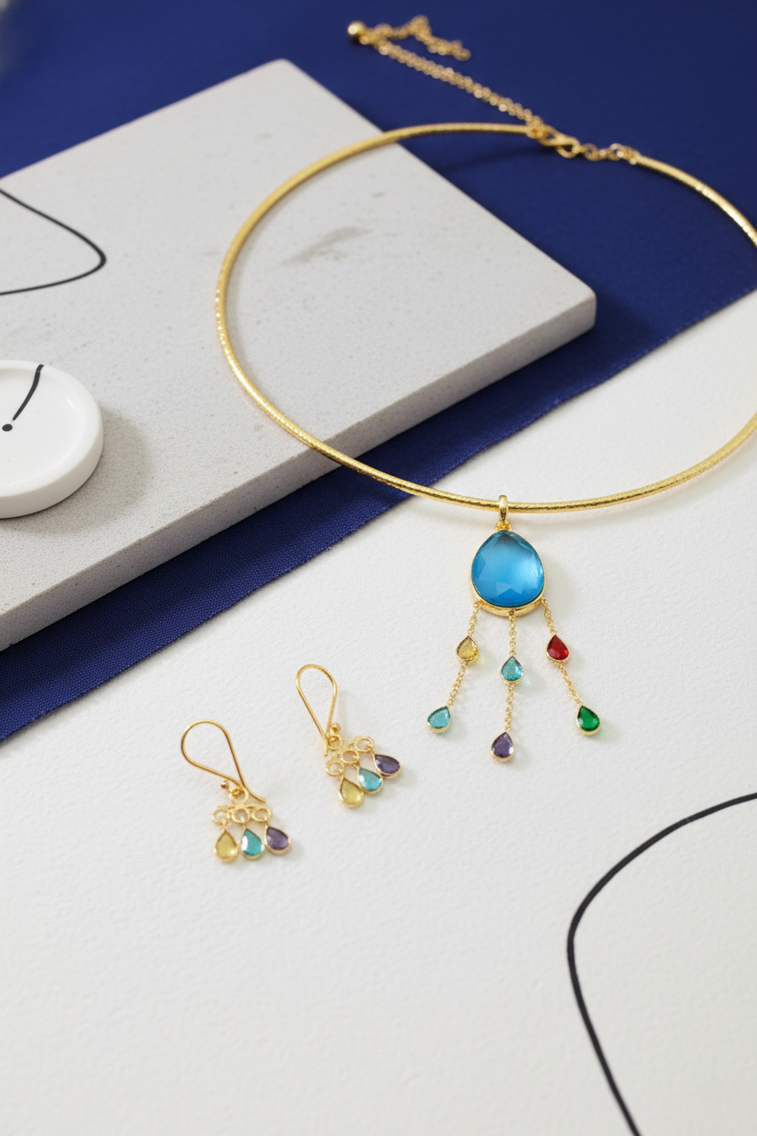 Hansuli Necklace with Blue Pendant & Multicolor Raindrop Dangles – Gold Plated Brass Statement Choker Set