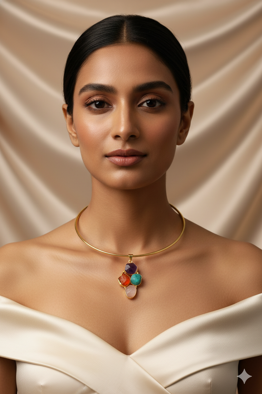 Minimal Hansuli Necklace with Multicolor Stones | Brass Anti Tarnish | Lightweight