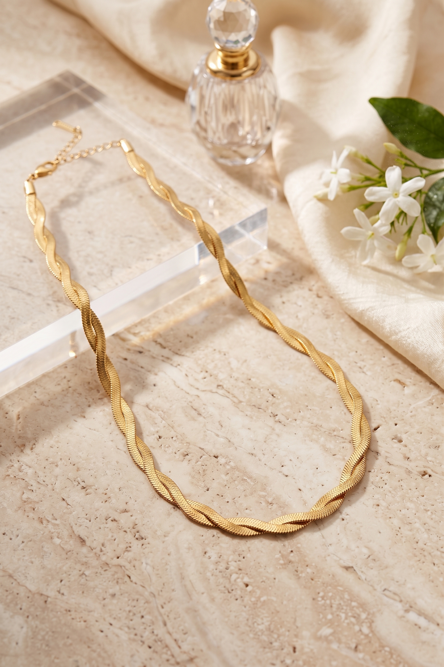 Twisted herringbone snake chain necklace, 18K gold plated – worn styled shot
