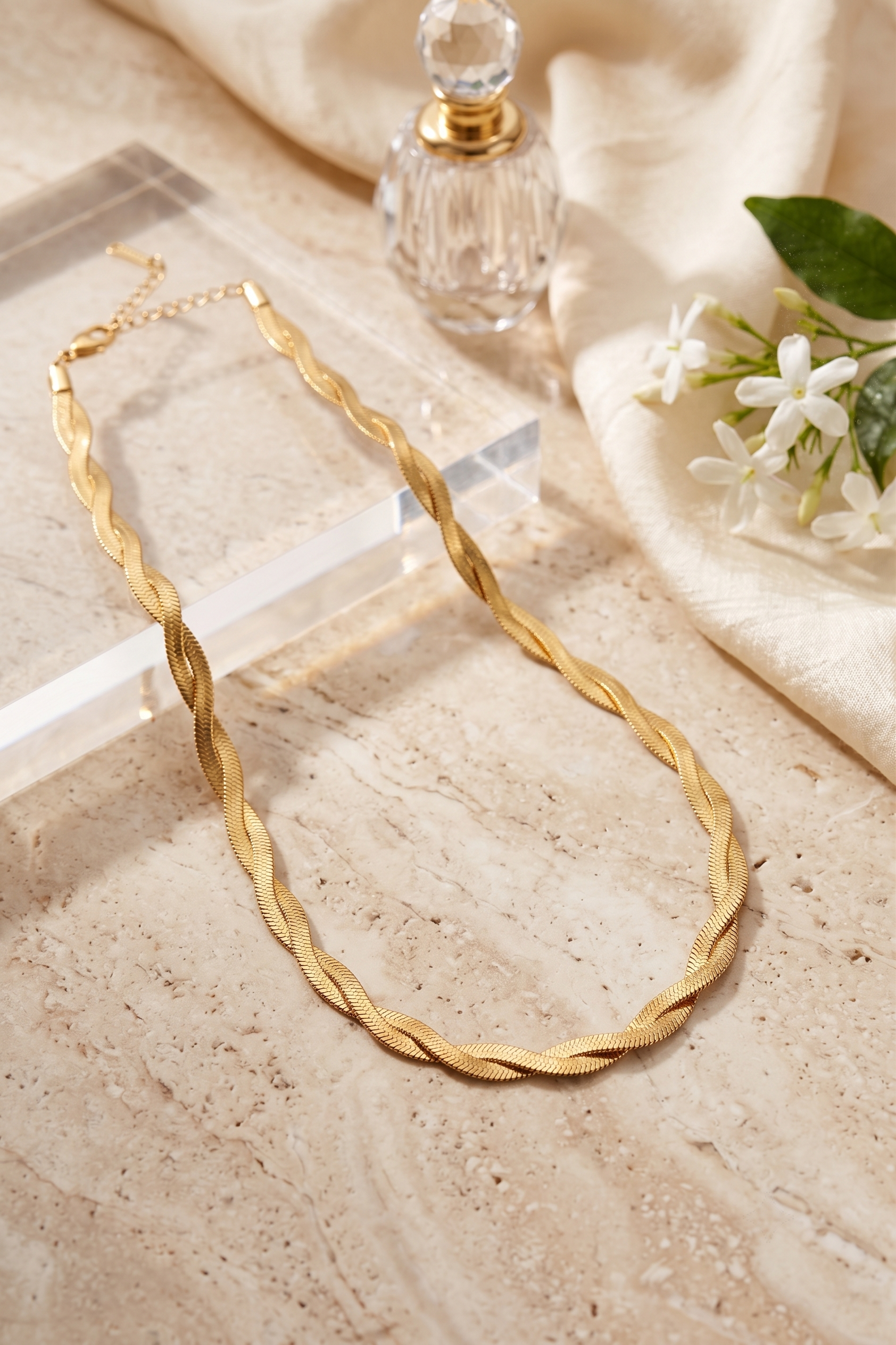 Twisted herringbone snake chain necklace, 18K gold plated – worn styled shot