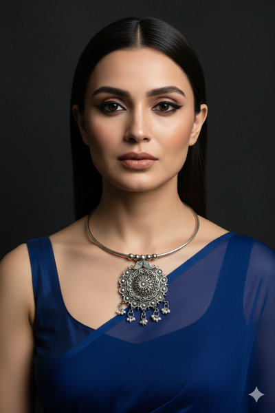 Oxidised German Silver Hansli Necklace with Ornate Floral Disc Pendant