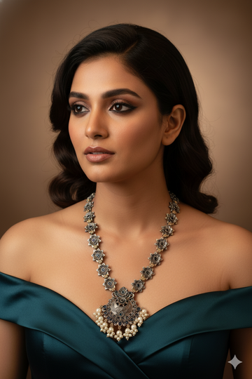 Blue Floral Pendant Necklace with Pearls for Women