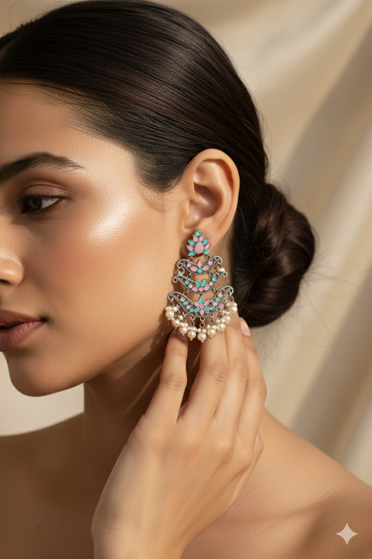 Layered Chandbali Oxidised German Silver Earrings with Pink & Green Monalisa Stones and Pearls