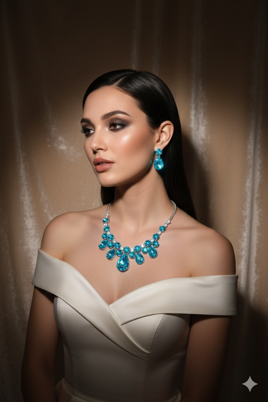 Korean Blue Teardrop Glass Stone Jewelry Necklace Set | Rhodium Plated Crystal Bridal Jewelry with Earrings