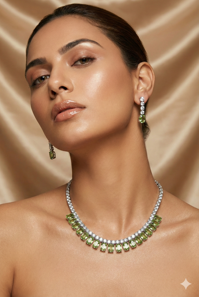 Green Korean Glass Stone Necklace Set | Premium Crystal Jewellery
