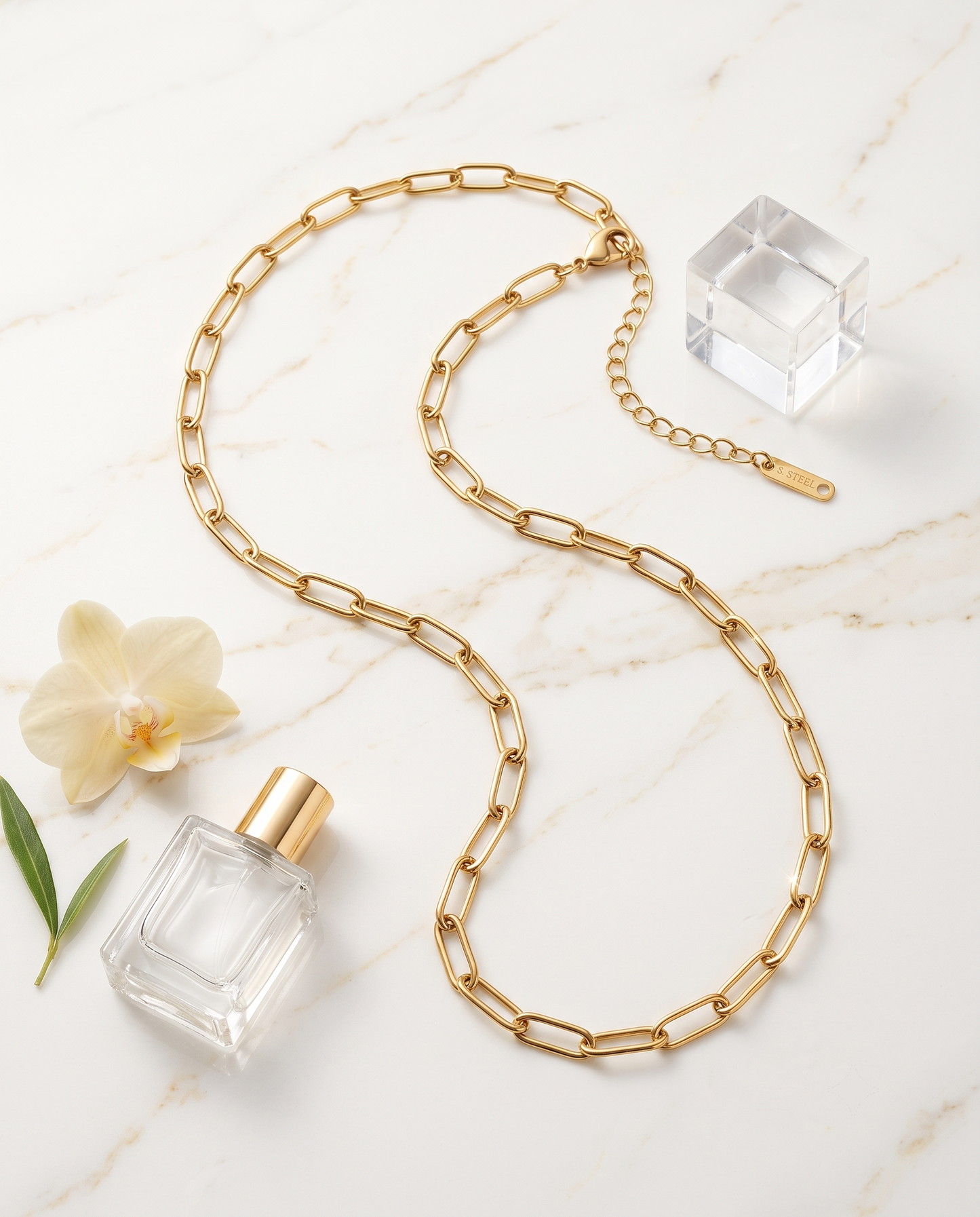 Gold paperclip chain necklace, 18K gold plated – worn styled shot