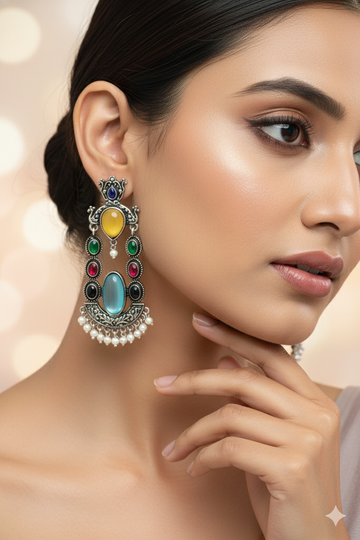 Multi‑Stone Temple Chand Dangler with Blue Oval Monalisa | Oxidised